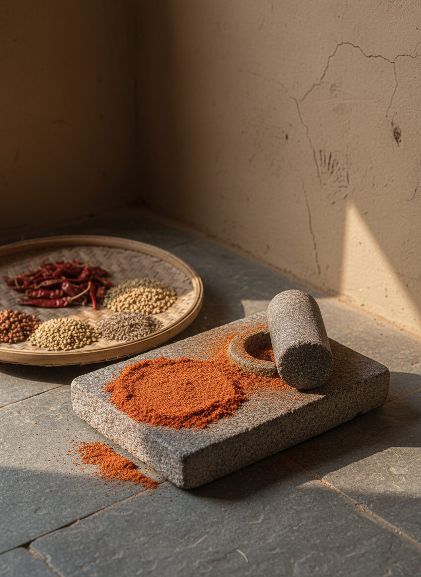A serene, photographic still life of a traditional Malwai kitchen corner featuring an old-style stone grain grinder (sil batta) with finely ground organic masala in deep, earthy red tones spread across its surface. The grinder rests on a cool, grey stone floor, nearby a woven bamboo tray holding sun-dried red chilies, coriander seeds, and cumin. In the background, a simple mud-plastered wall with slight, authentic imperfections adds rustic character. Soft, indirect afternoon light enters from the right, creating gentle highlights on the stone texture and subtle shadows under the tray. Captured from a slightly elevated angle with moderate depth of field, the scene feels calm, authentic, and sophisticatedly rustic, celebrating slow, traditional, chemical-free food preparation.